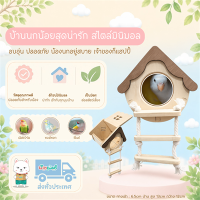 Bird Box บ้านไม้ทรงโค้ง สไตล์มินิมอล หลังคาแบบบานพับเปิดได้ สำหรับนกขนาดเล็ก (กว้าง 12 cm x สูง 13 cm)